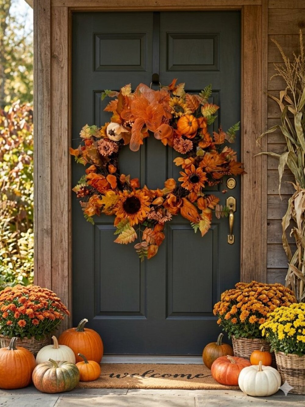 Handmade 24" Fall Grapevine Wreath Sunflowers Pumpkins